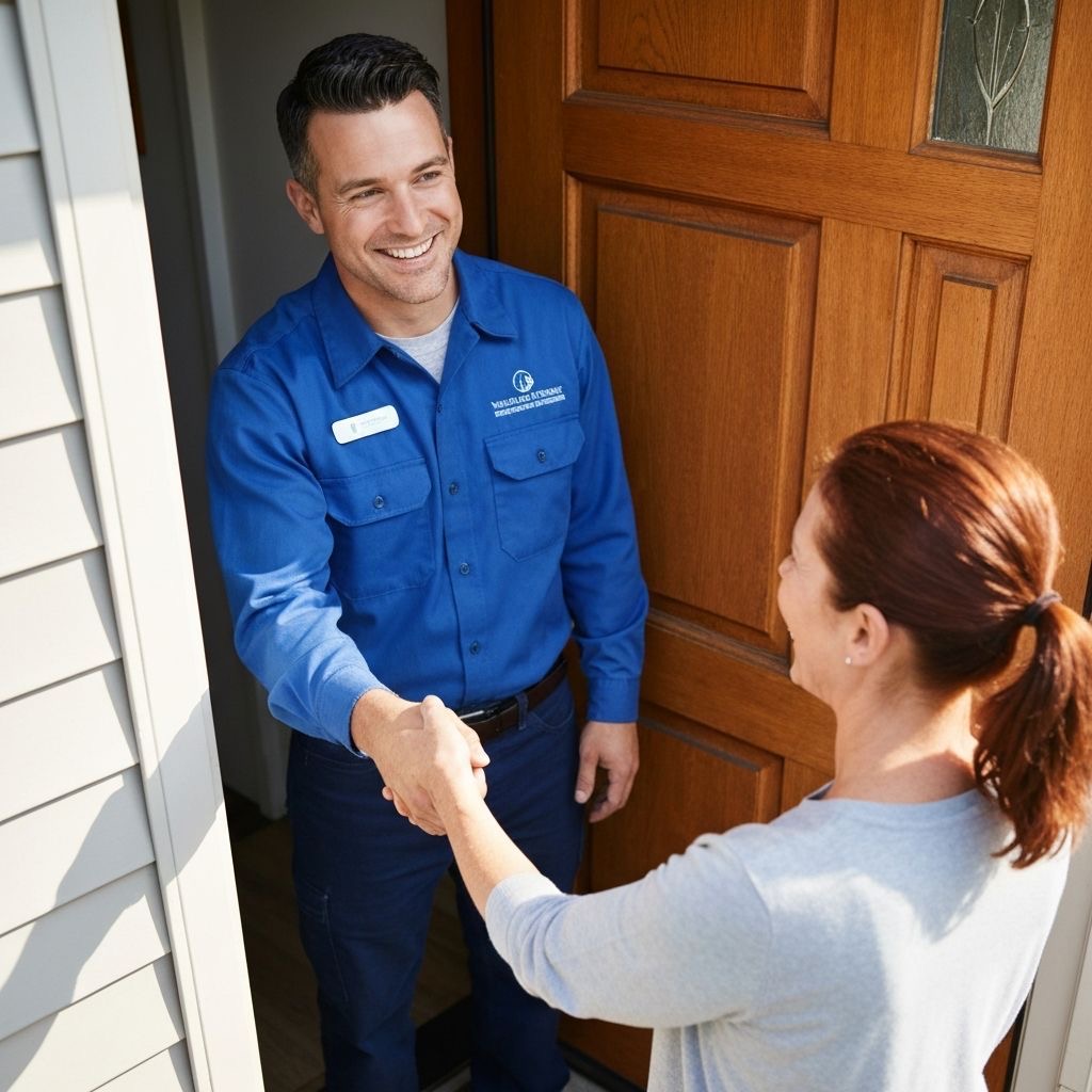 Friendly restoration technician greeting homeowner at front door