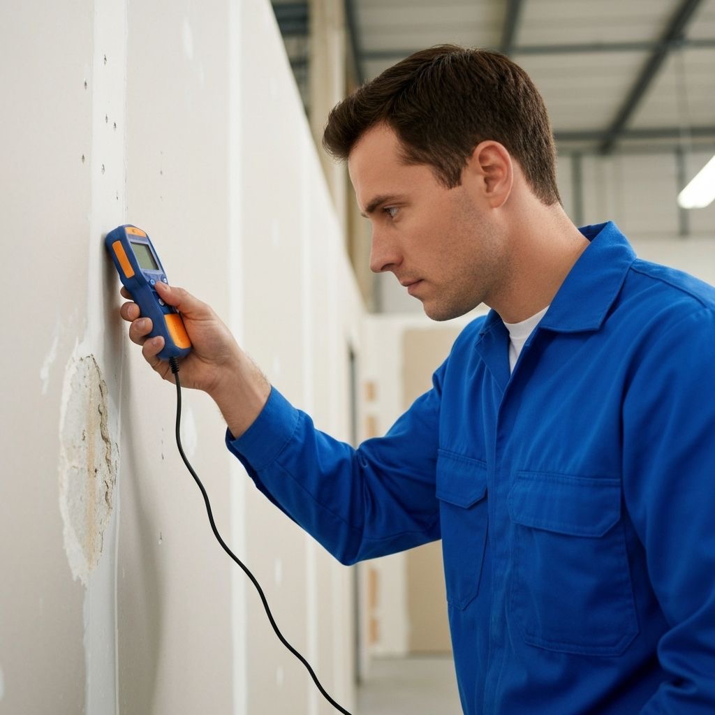 Certified technician using moisture meter to assess water damage in wall