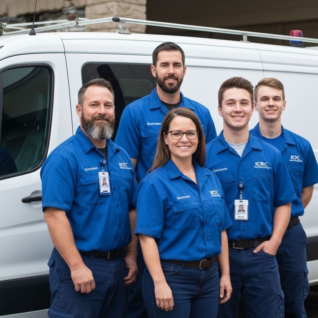 Team of five IICRC certified restoration technicians in blue uniforms by service van