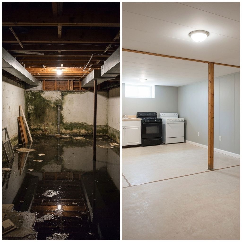 Before and after comparison of flooded basement restoration